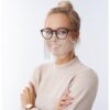 Finance, business and lifestyle concept. Confident successful female writer in glasses with combed hair crossing arms across chest and smiling wish self-assured look ready share hints and perks